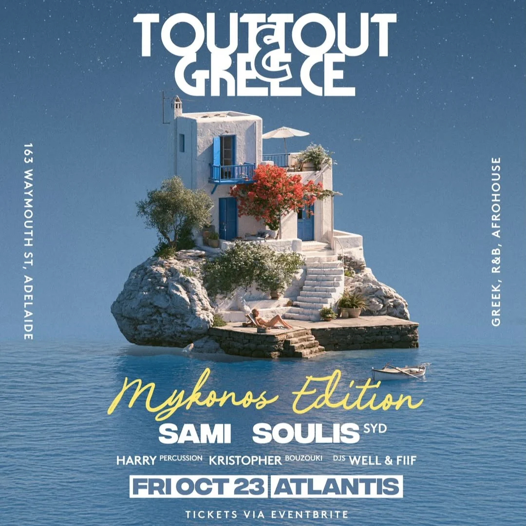 Promotional artwork for Tout Tout 3a Greece with SOULIS and SAMI in Adelaide on October 23, 2026